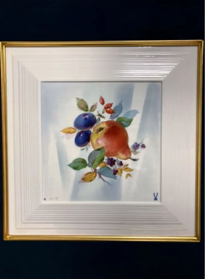 マイセン　額装プラーク　フルーツ　金彩　アトリエA ヴィンテージ　大型陶板　壁掛