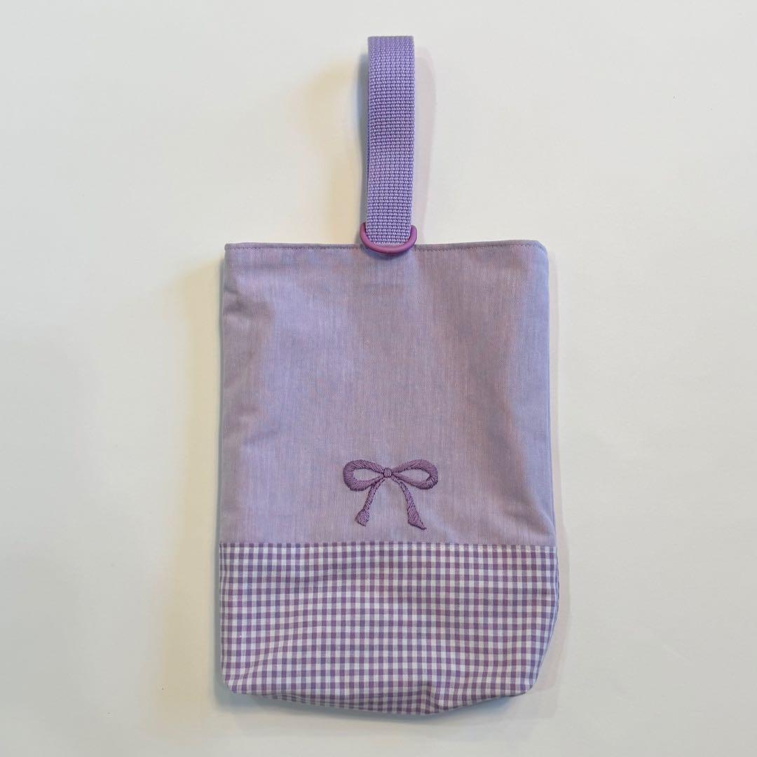チェック　リボン　パープル　入園入学セット　レッスンバック　体操着袋　上履き袋
