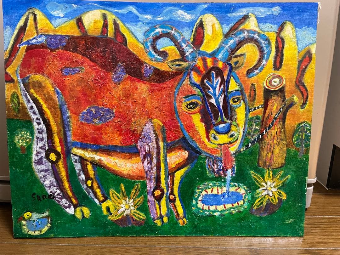 油絵6号①水を飲むヤギ