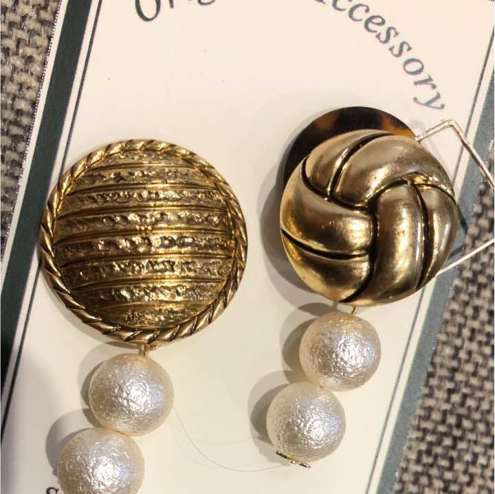 071☻ハンドメイド アンティーク ゴールドボタン パール クリップ イヤリング