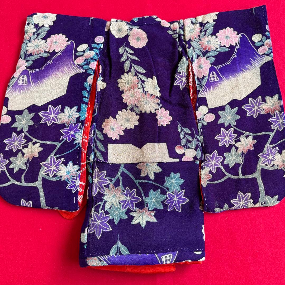 市松人形 12号(42cm)サイズの着物　比翼仕立て　紫地　紅葉野菊茅葺小屋　そ