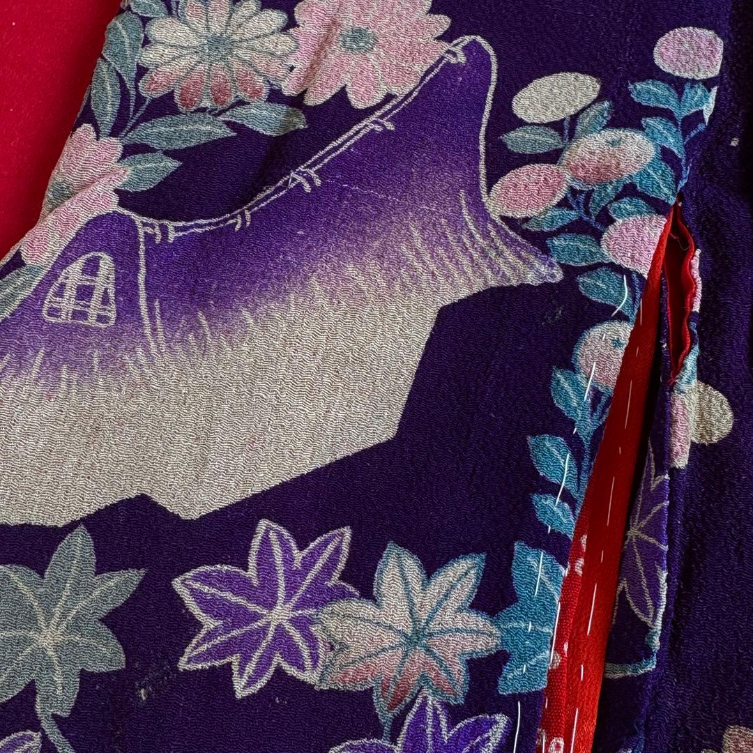 市松人形 12号(42cm)サイズの着物　比翼仕立て　紫地　紅葉野菊茅葺小屋　そ