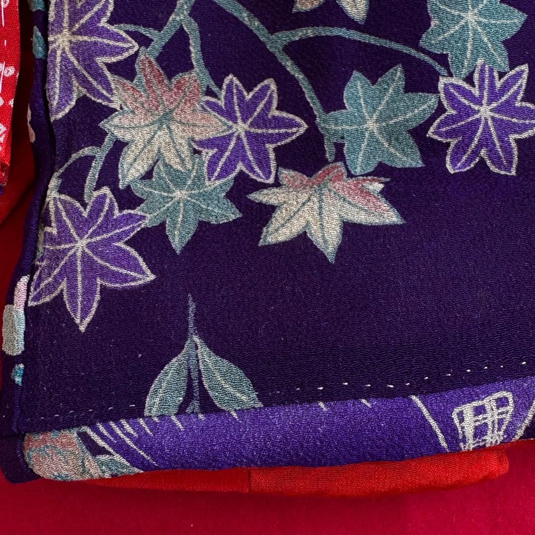 市松人形 12号(42cm)サイズの着物　比翼仕立て　紫地　紅葉野菊茅葺小屋　そ