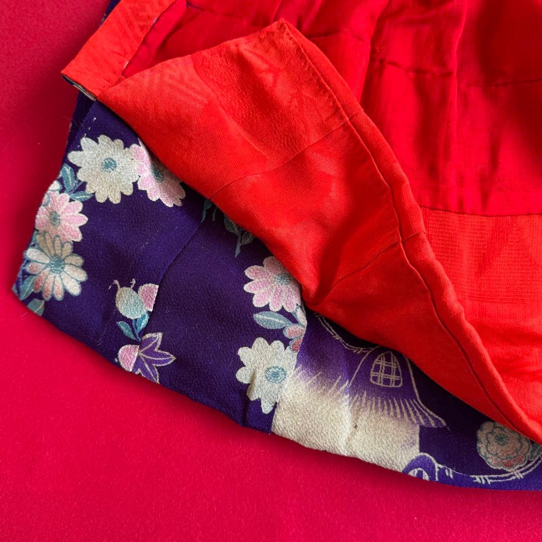 市松人形 12号(42cm)サイズの着物　比翼仕立て　紫地　紅葉野菊茅葺小屋　そ