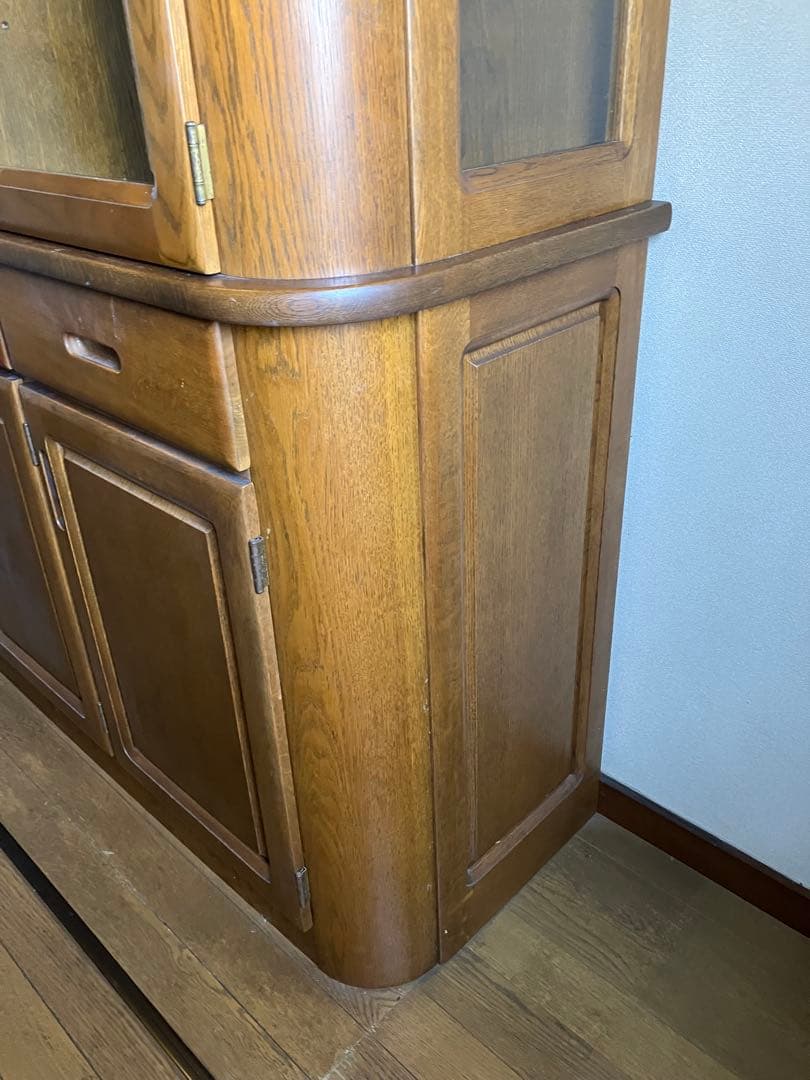 浜本工芸 木製ブラウンキャビネット ガラス扉付き　食器棚