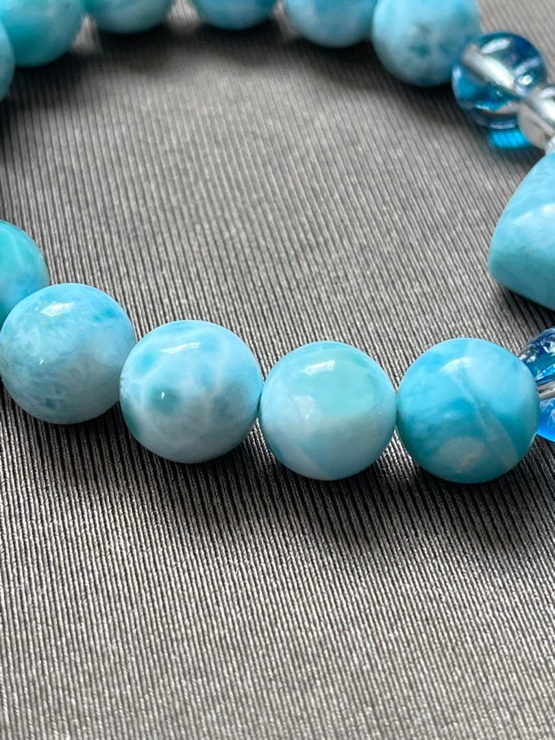 天然石ブレスレット☆ラリマーハート型＆丸珠・フェニックスアイリスクォーツ・水晶☆