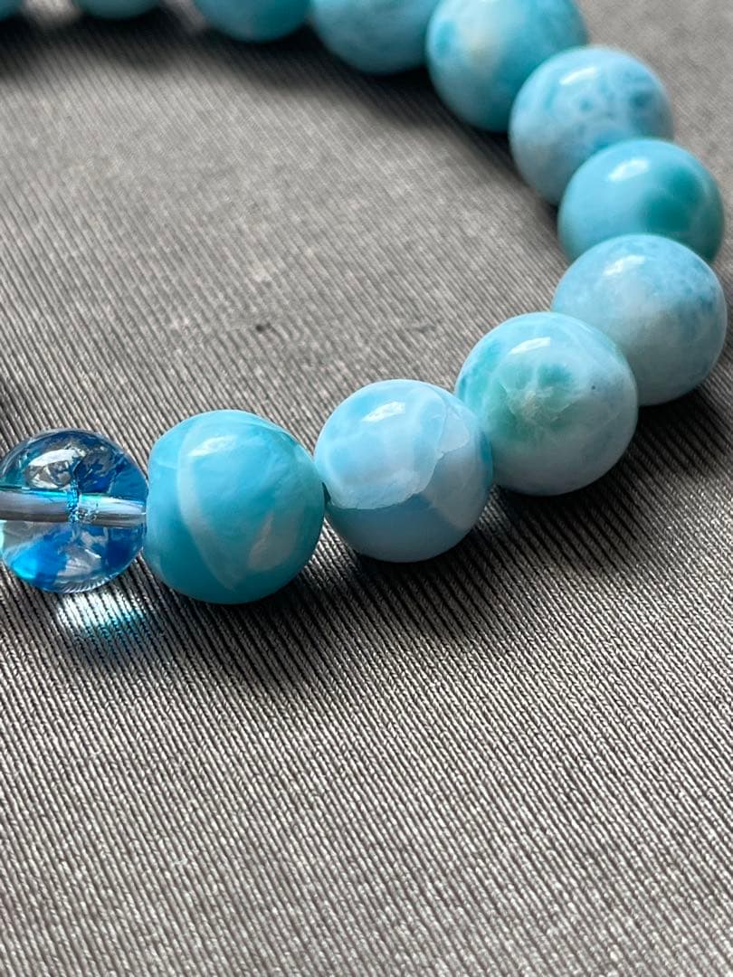 天然石ブレスレット☆ラリマーハート型＆丸珠・フェニックスアイリスクォーツ・水晶☆