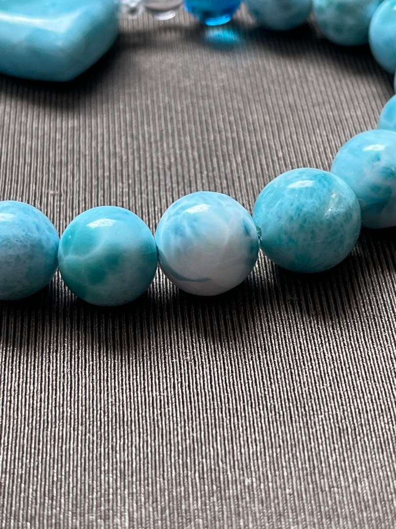 天然石ブレスレット☆ラリマーハート型＆丸珠・フェニックスアイリスクォーツ・水晶☆