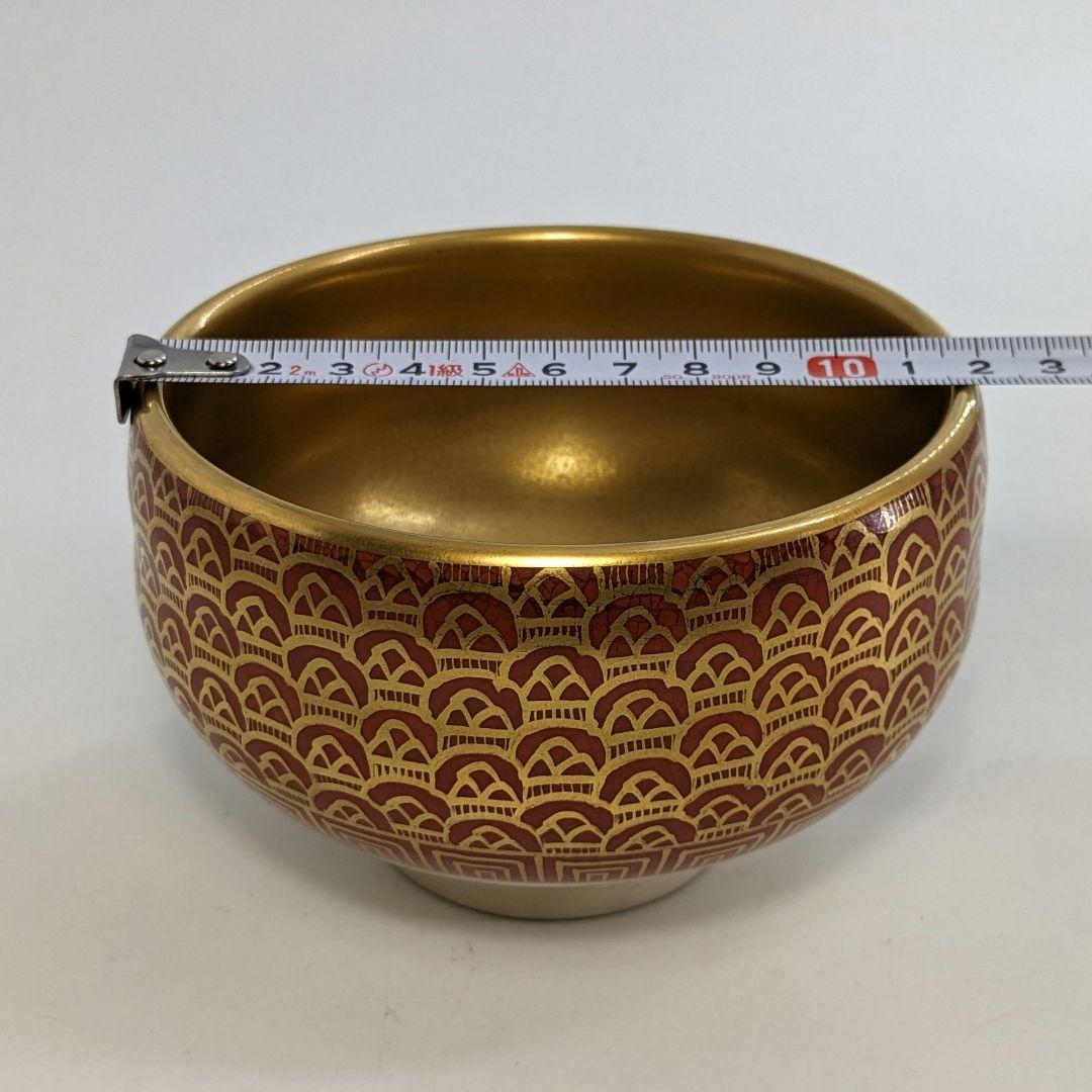 明山 九谷焼 金彩波文茶盌 共箱合布 抹茶碗 抹茶茶碗 茶道具 茶器 食器 茶陶