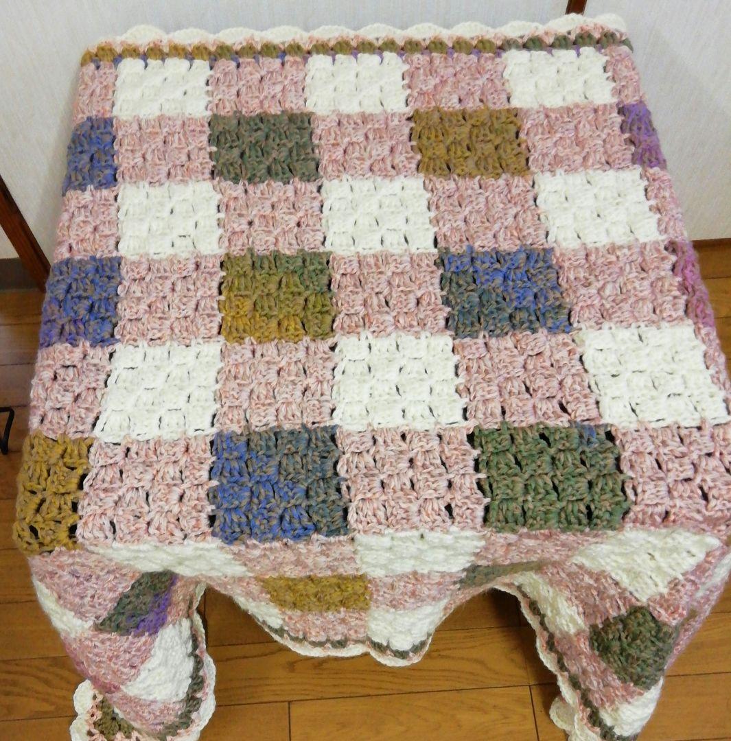 ハンドメイド★編み物★モチーフつなぎ★チェック柄★ブランケット★マルチカバー
