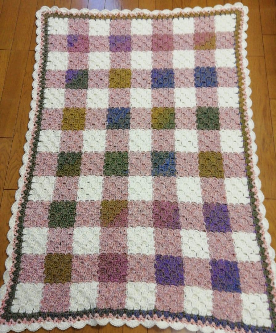 ハンドメイド★編み物★モチーフつなぎ★チェック柄★ブランケット★マルチカバー
