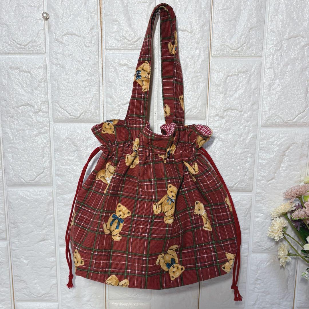 巾着トートバッグミニ　ベアチェック柄　コーデュロイ　レッド　ハンドメイド