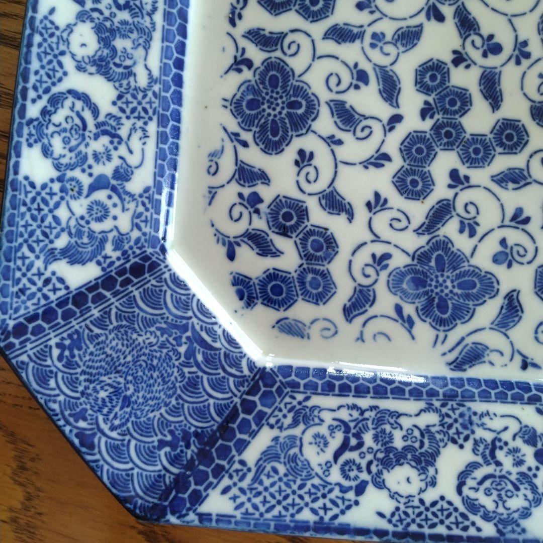 印判 隅切り 八角大皿 野兎と獅子 骨董 アンティーク