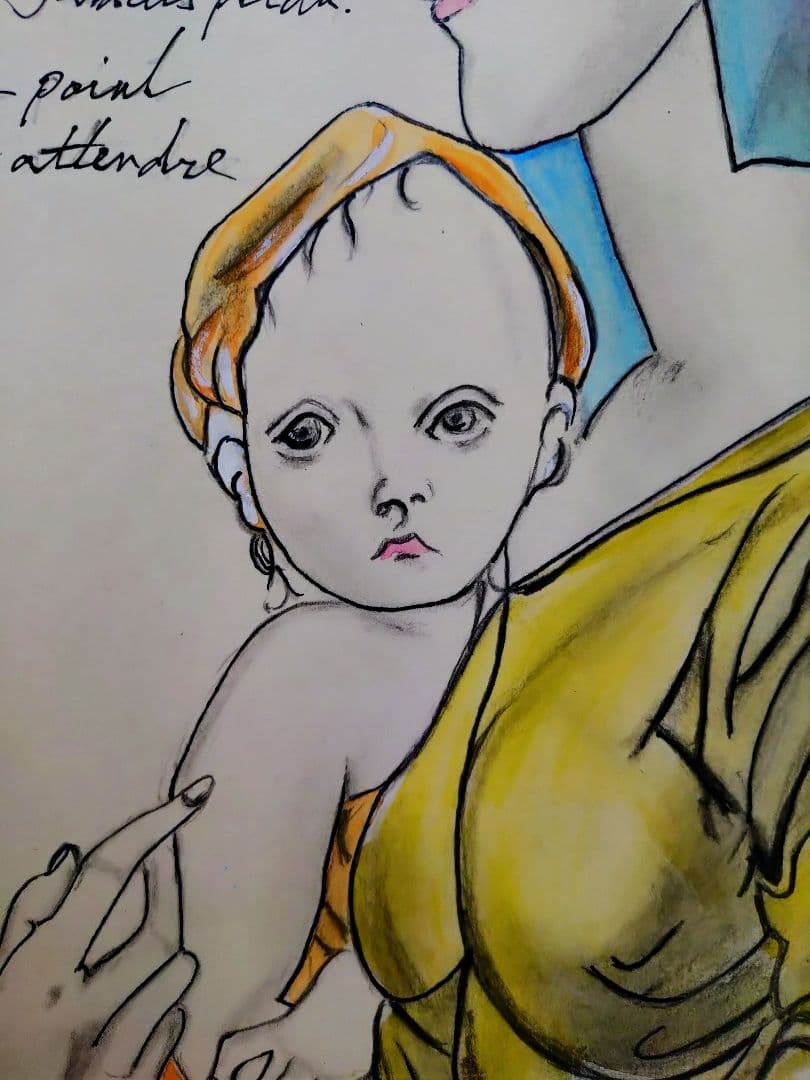 【F6号】藤田嗣治【母子】手描き作品/表裏サイン・鑑定書有り/鉛筆/水彩/額縁