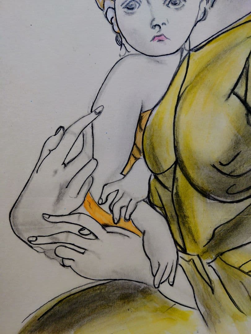 【F6号】藤田嗣治【母子】手描き作品/表裏サイン・鑑定書有り/鉛筆/水彩/額縁