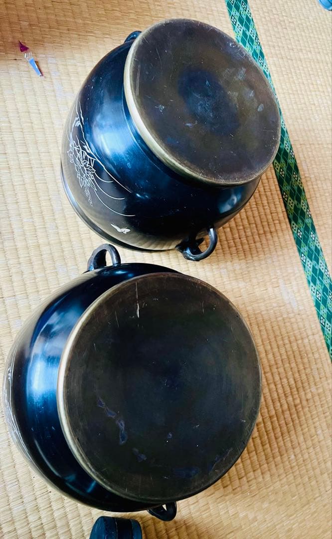 ブロンズ花器 2個セット鳳凰彫刻 飾り壺 一対