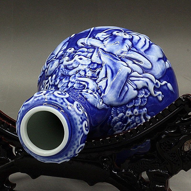 清乾隆 藍釉の浮彫り老子出関蒜頭瓶  景徳鎮 陶磁器 装飾品 工芸品美術品 置物