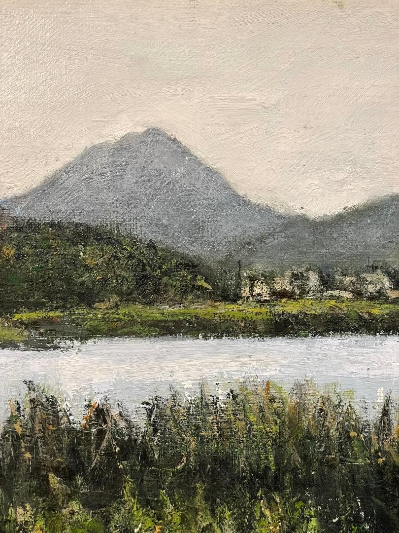 「真作」真殿靖「水郷(安土八幡)」風景画　油彩画　額装　サイン有り　P20号