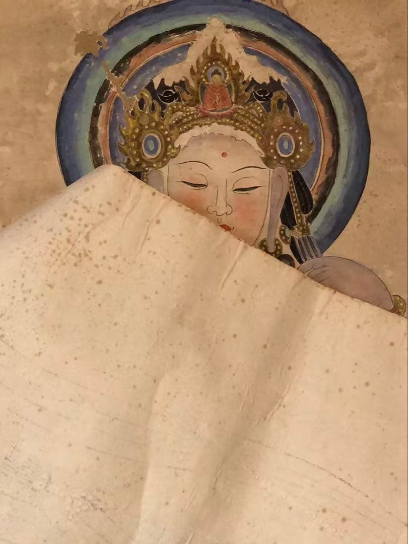 中国画 捲り　謝正飬［観音図　敦煌壁画］紙本　肉筆！