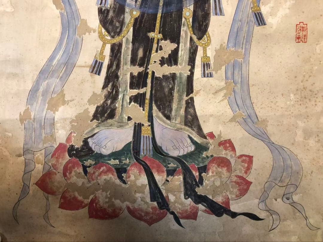中国画 捲り　謝正飬［観音図　敦煌壁画］紙本　肉筆！