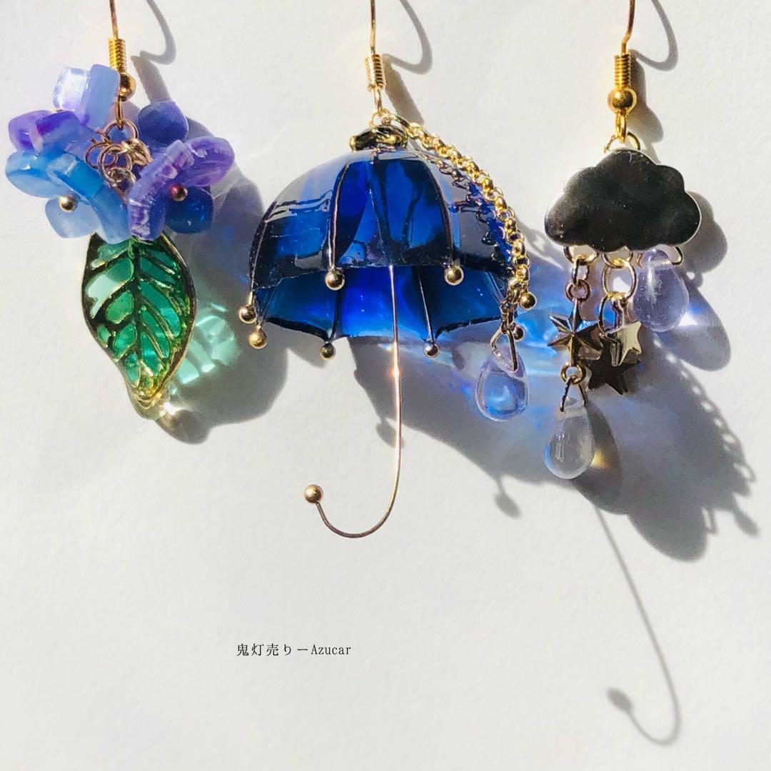 傘と紫陽花の和風ピアス　イヤリング(雨の日コーデ3点セット)傘レジンとアジサイ