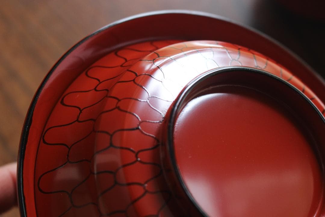 デッドストック！極上朱漆に風情ある網目文の美しい煮物椀2点（検輪島塗懐石道具