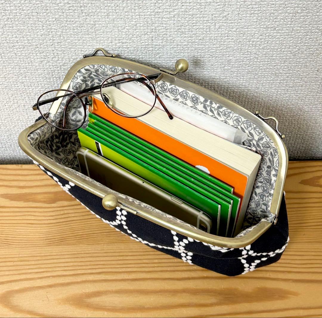 ハンドメイド がま口 バッグ ポーチ タンバリン ネイビー ミナペルホネン