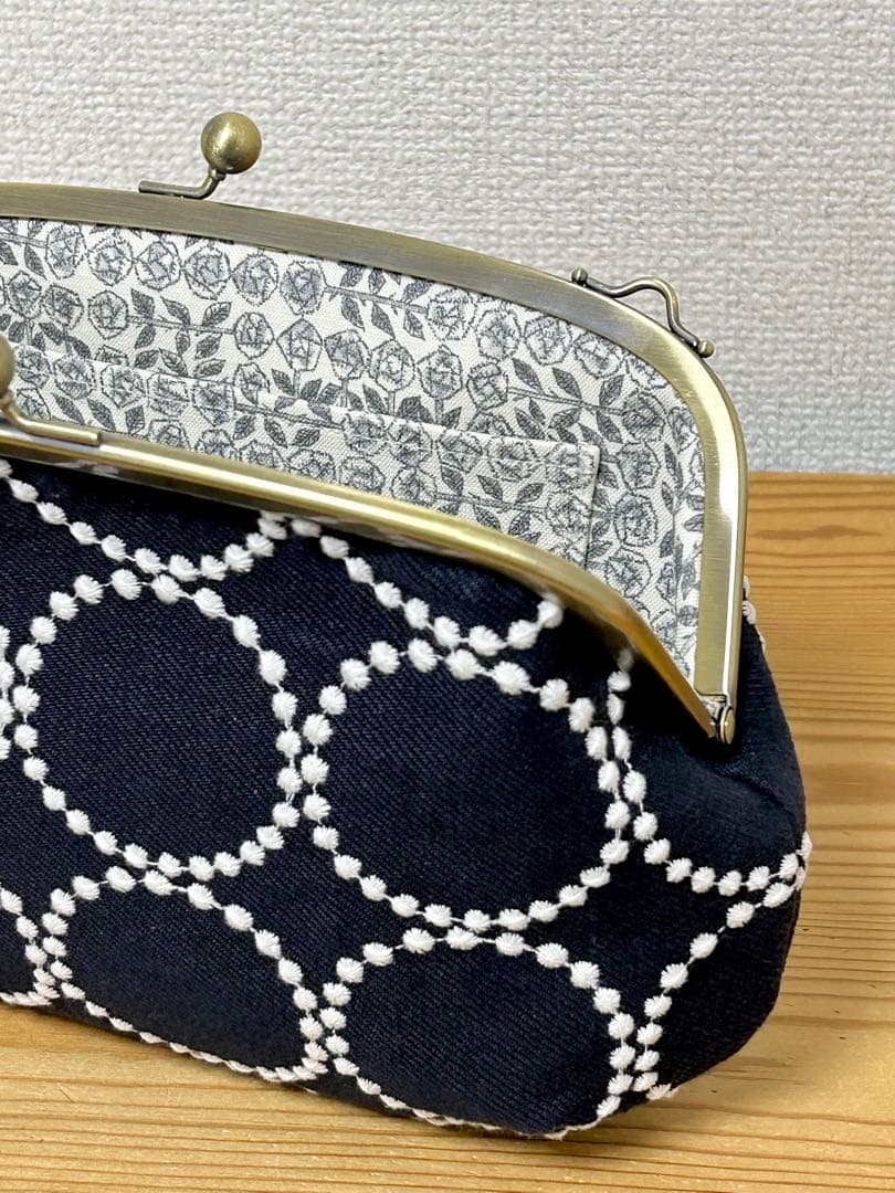 ハンドメイド がま口 バッグ ポーチ タンバリン ネイビー ミナペルホネン