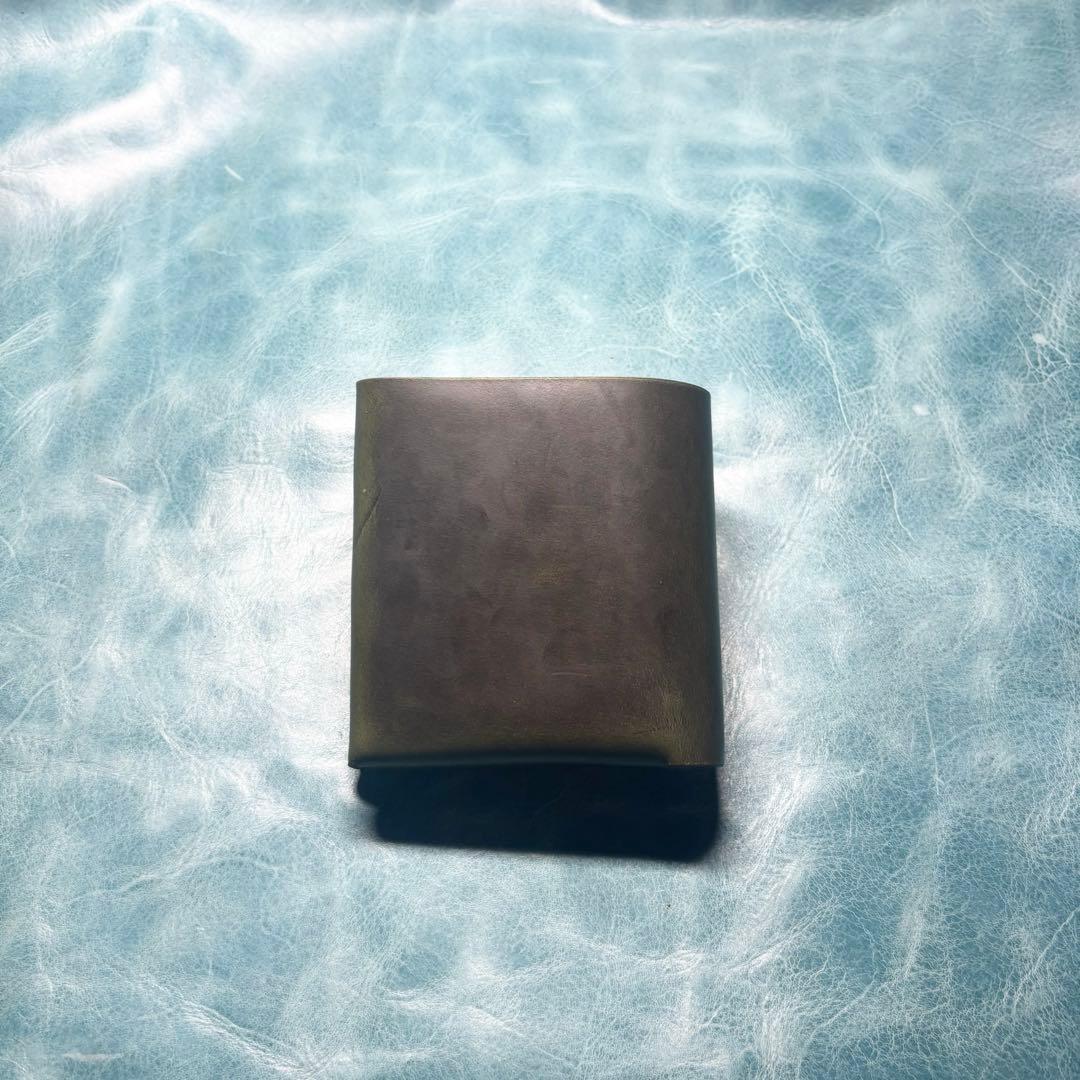 ハンドメイド　二つ折り　革財布　クロムエクセル　緑色　真鍮　cx-hw-000