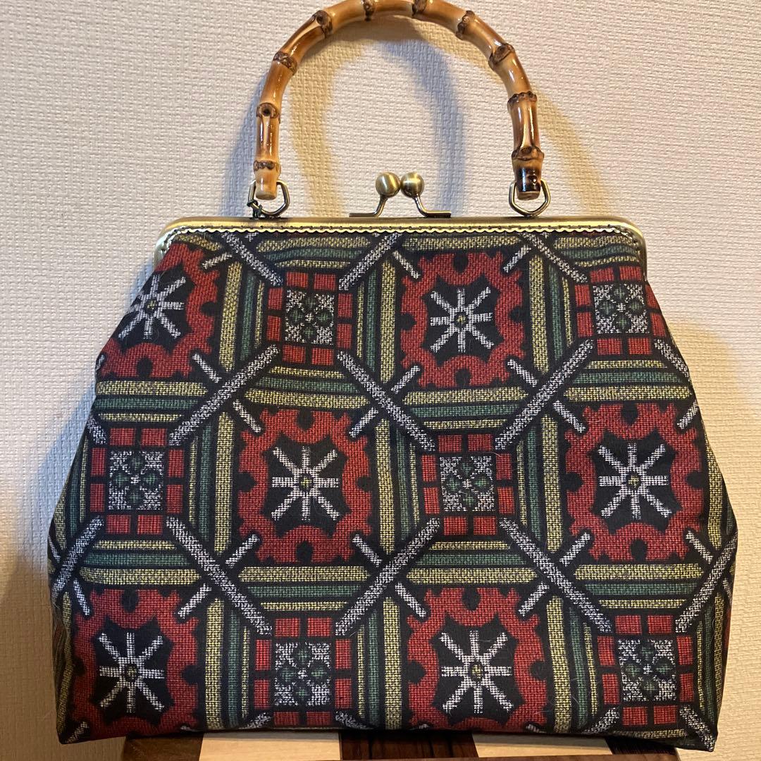 ハンドメイド　大島紬？紬？リメイク　がま口　バッグ　【最終】