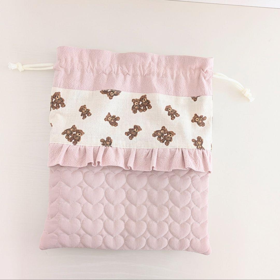 図書袋ショルダー　お着替え袋　ハートキルティング　韓国くま