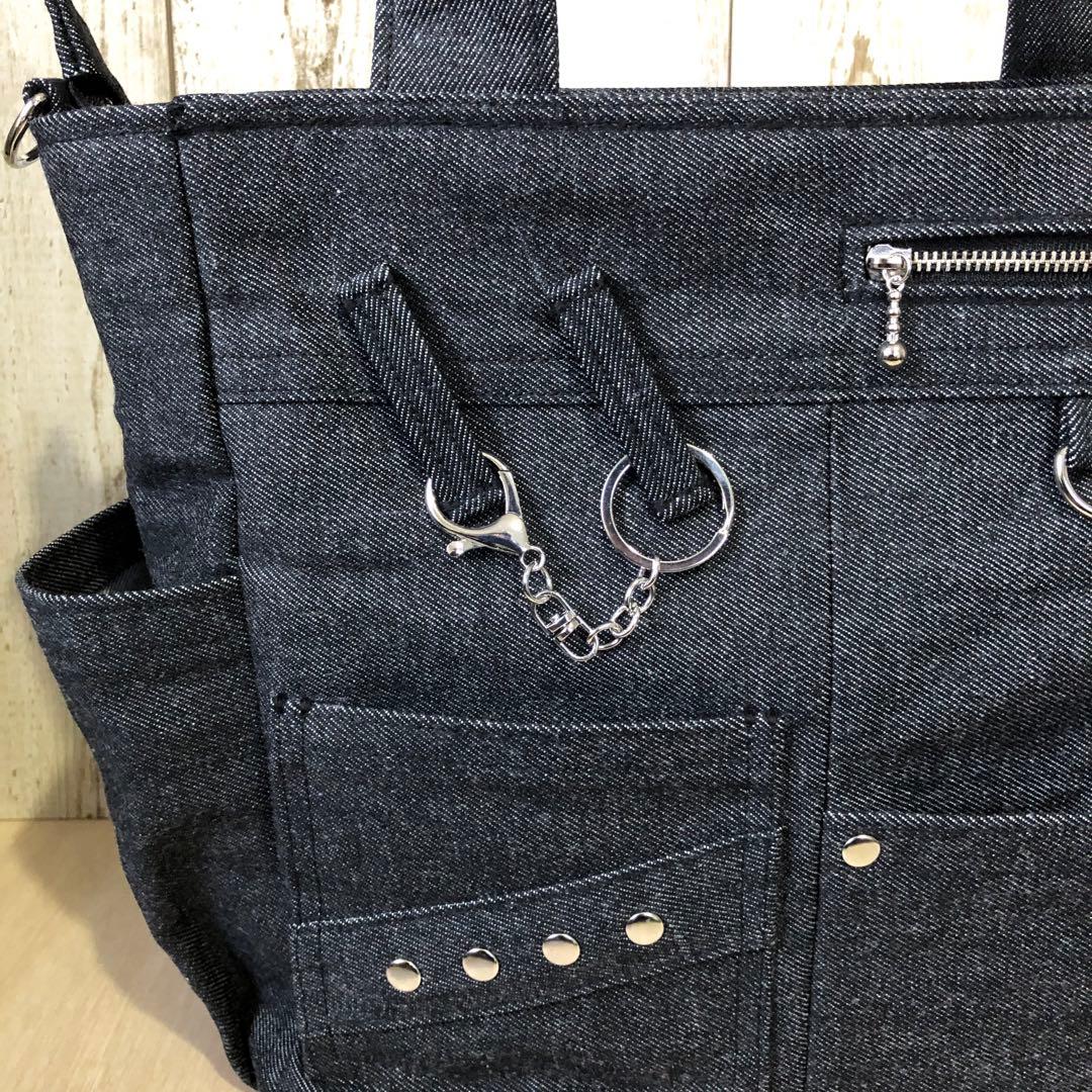 トートバッグ　ハンドメイド　デニムリメイク　ブラック　両開き【新品デニム】