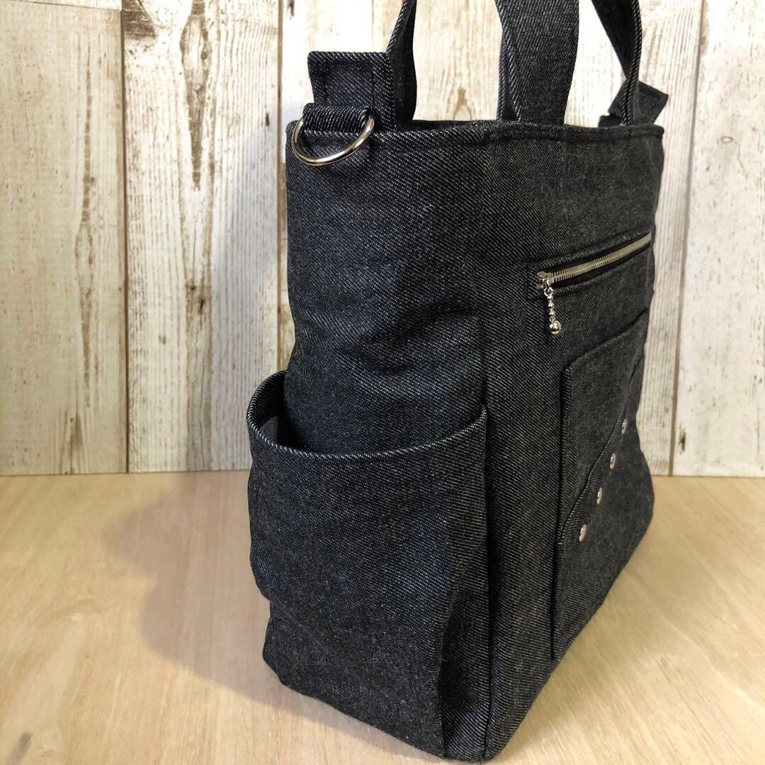 トートバッグ　ハンドメイド　デニムリメイク　ブラック　両開き【新品デニム】