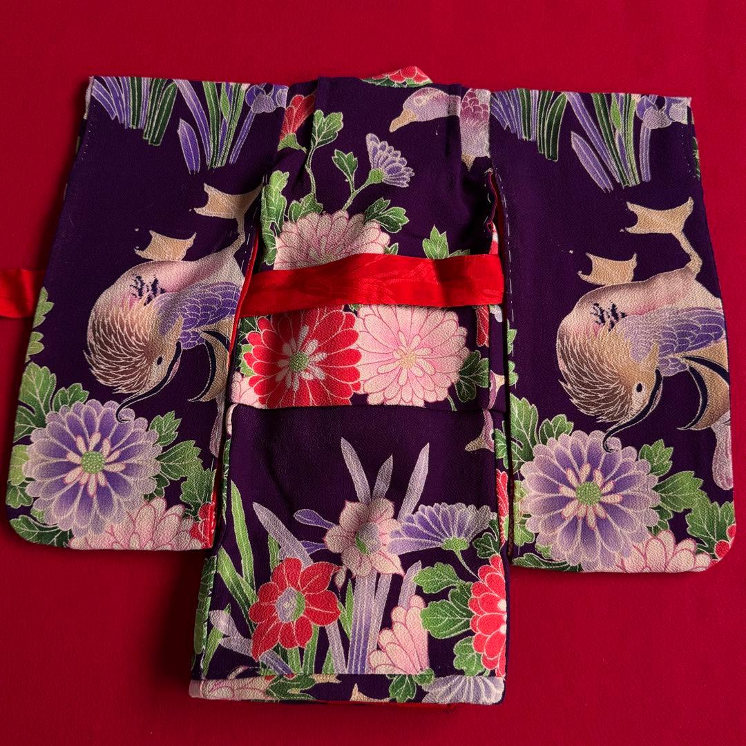 市松人形 12〜13号(44cm)サイズの着物　比翼仕立て　紫　菊おしどり　15