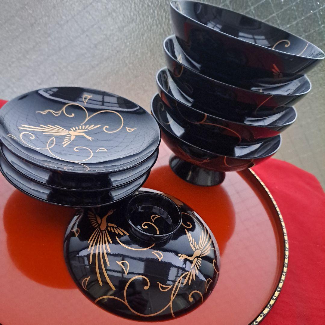 【輪島塗　御吸物椀×4客】天然木製 鳳凰\"唐草\"高台寺蒔絵　長期保管品