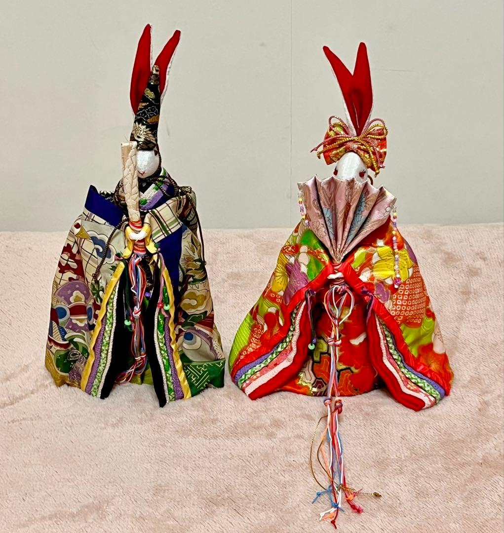 うさぎ雛人形飾り☆ひな祭り☆セット☆三人官女☆古着物再利用☆手作り☆保管品