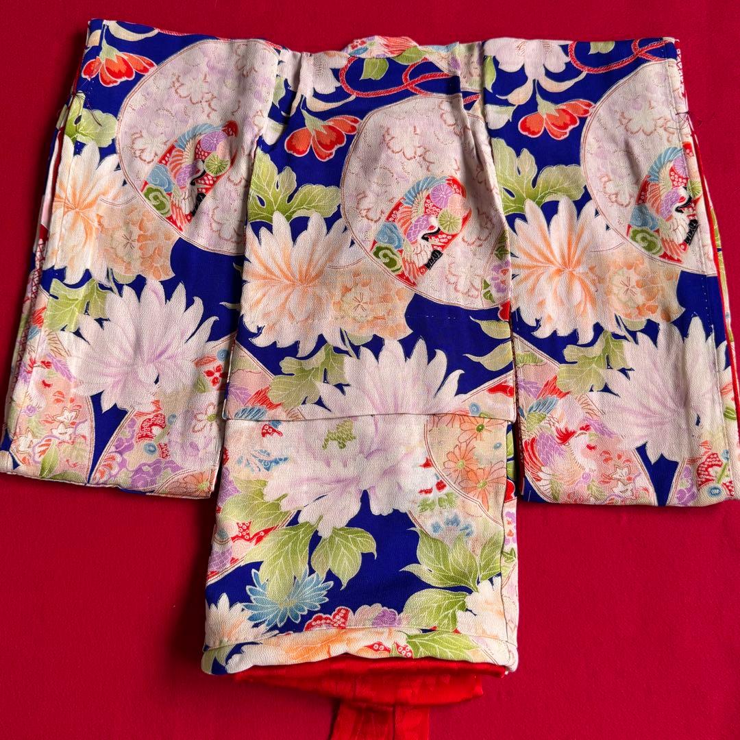 市松人形 13号(47cm)サイズの着物　比翼仕立て　ロイヤルブルー　花鶴