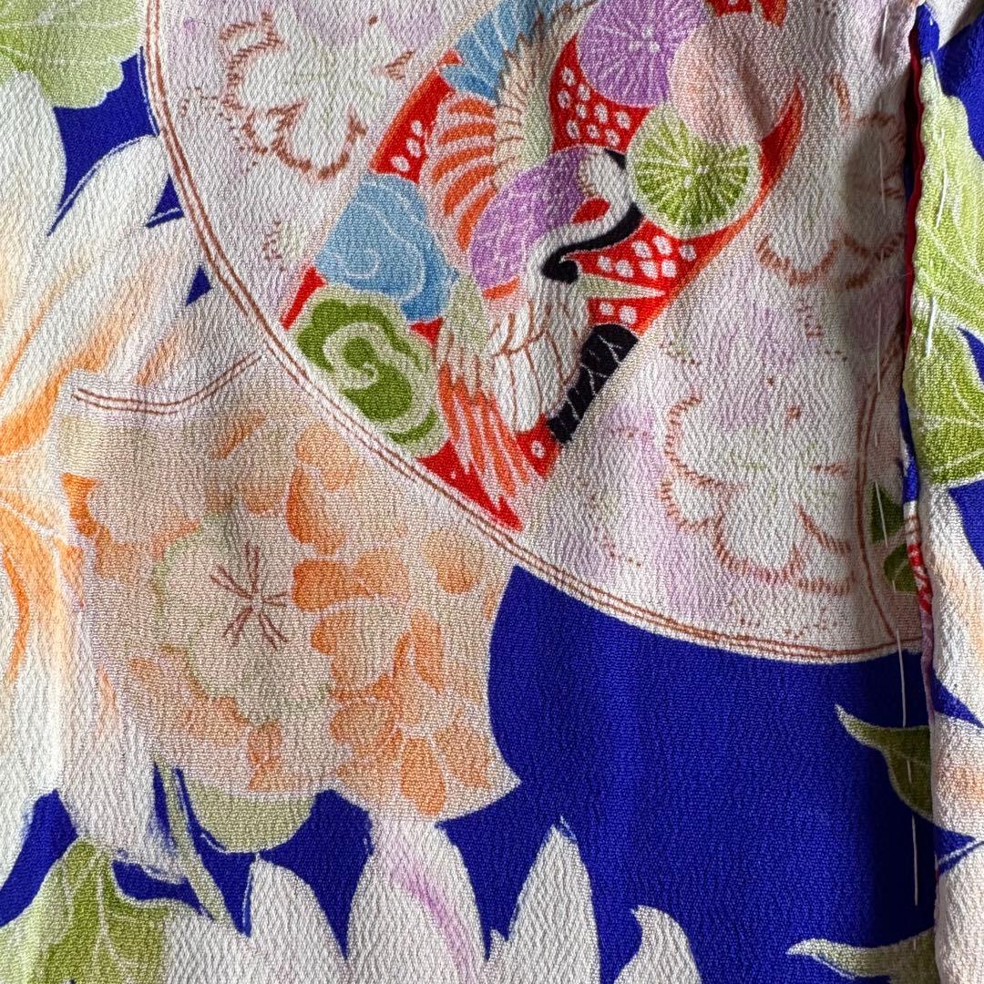 市松人形 13号(47cm)サイズの着物　比翼仕立て　ロイヤルブルー　花鶴