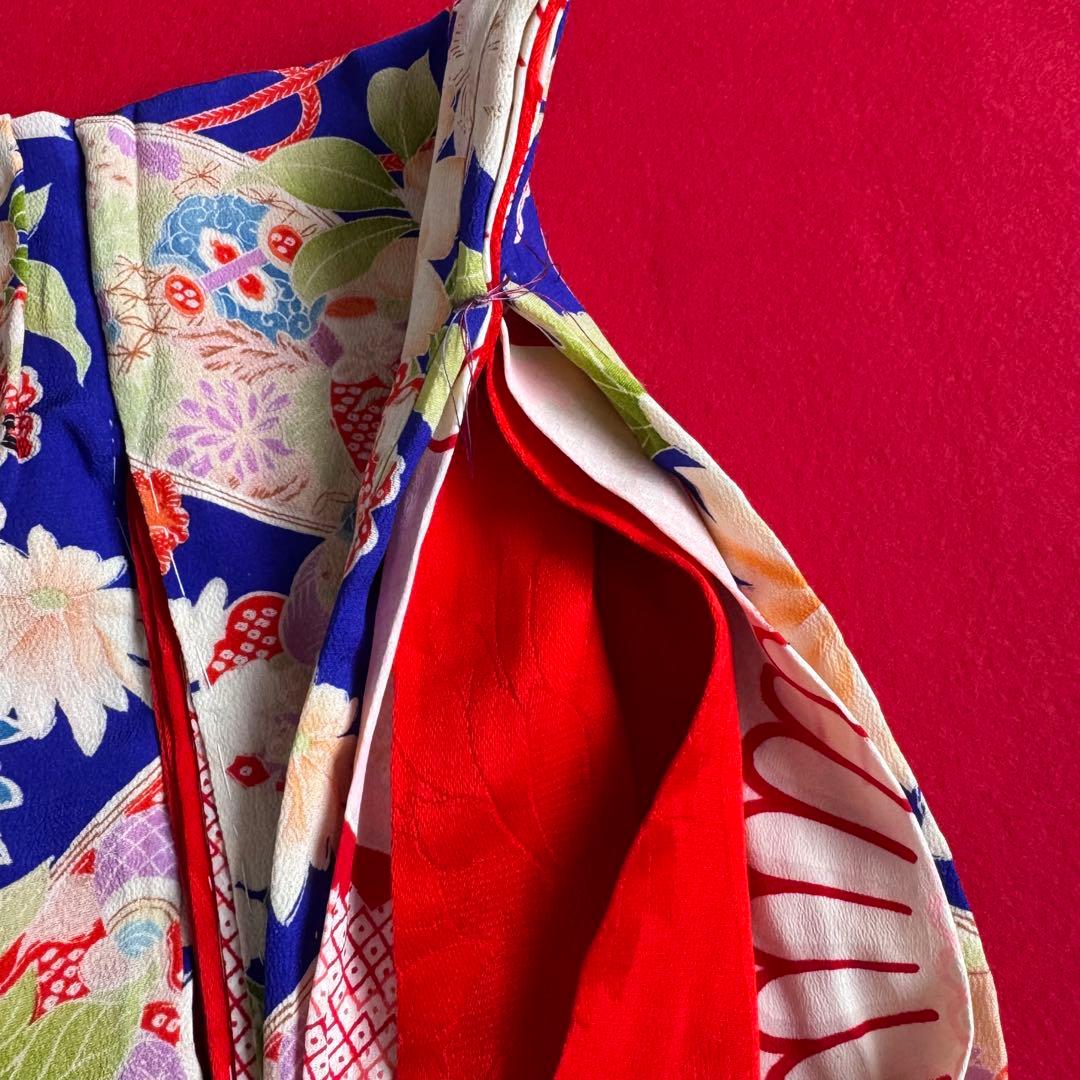 市松人形 13号(47cm)サイズの着物　比翼仕立て　ロイヤルブルー　花鶴