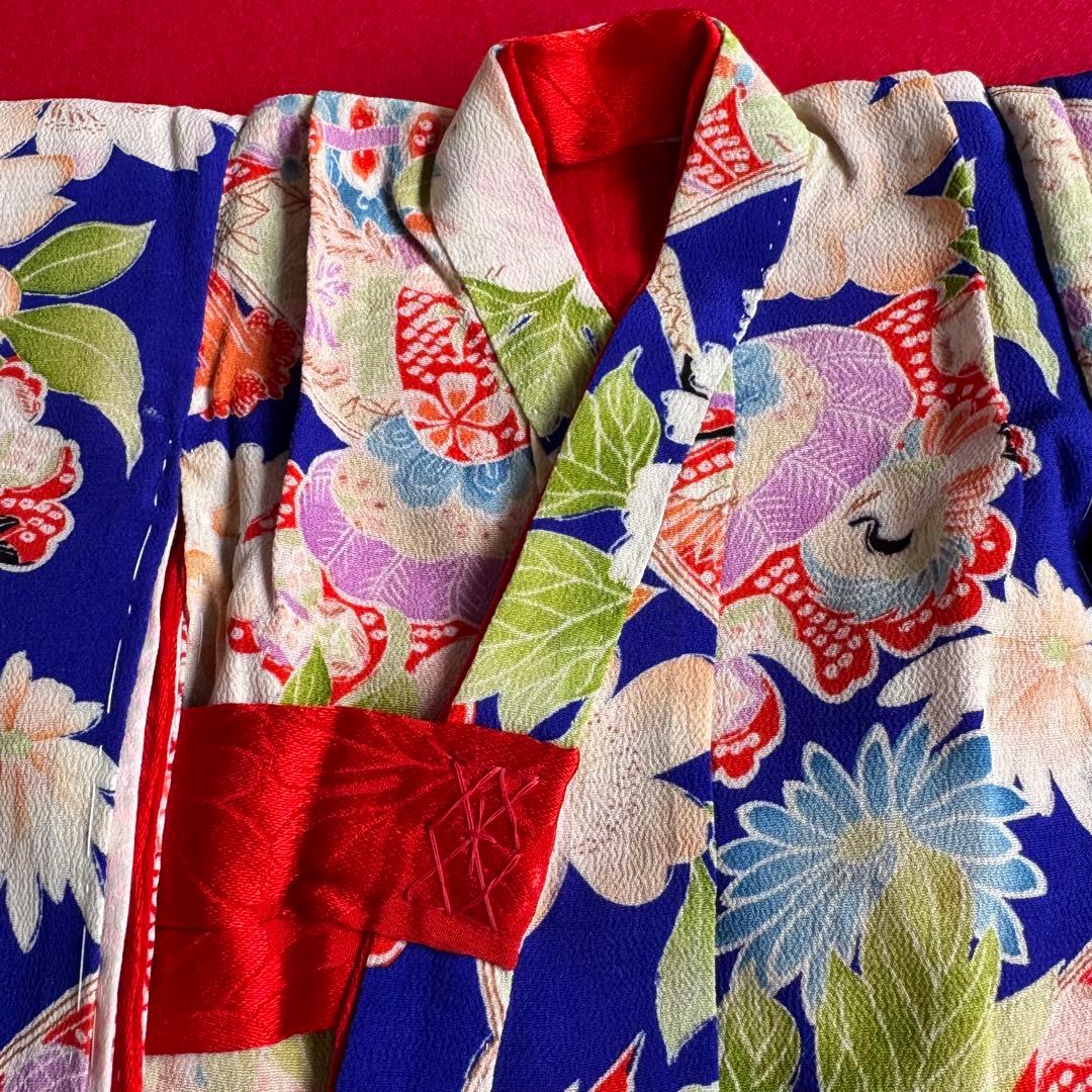 市松人形 13号(47cm)サイズの着物　比翼仕立て　ロイヤルブルー　花鶴