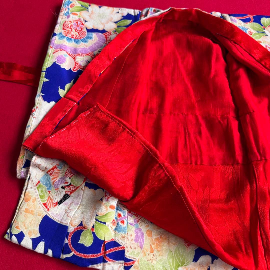 市松人形 13号(47cm)サイズの着物　比翼仕立て　ロイヤルブルー　花鶴