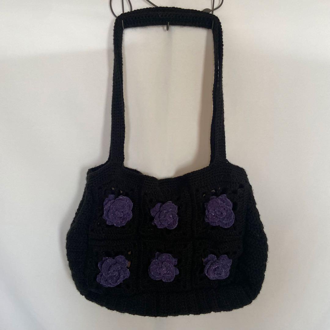 【最高峰】2WAY 大容量 立体紫バラの手編みトートバッグ＊黒＊一点物