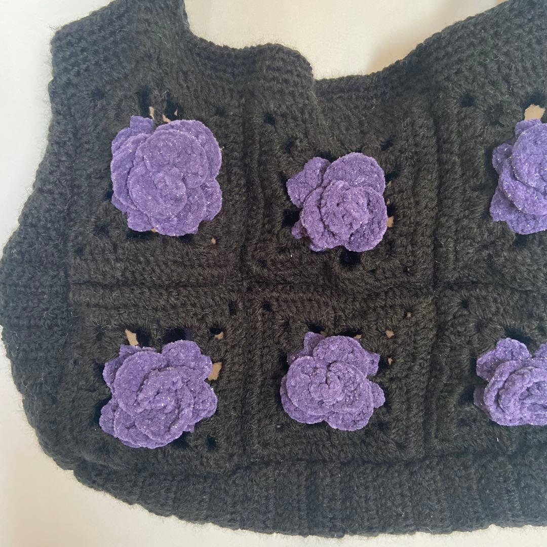 【最高峰】2WAY 大容量 立体紫バラの手編みトートバッグ＊黒＊一点物