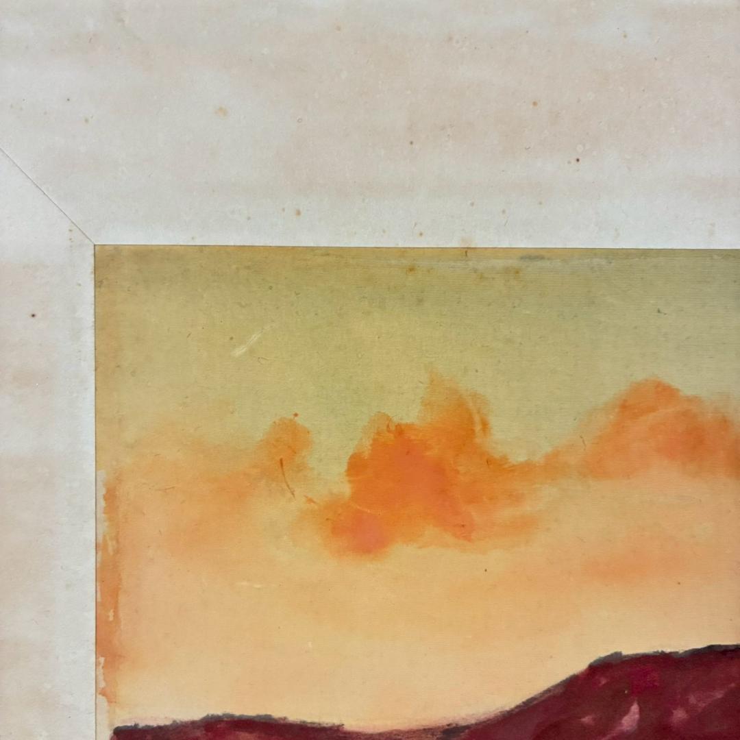 濱孤嘯「高原夕映」日本画 肉筆画 署名落款有 額縁入 風景画 日本美術院印友
