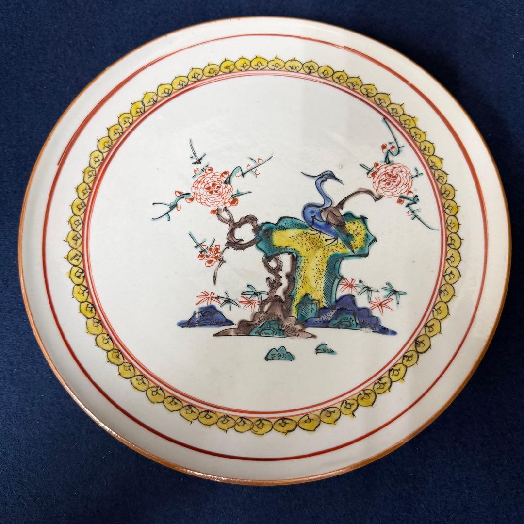 九谷焼 皿 角福 色絵 花鳥風月 時代 古玩 当時物 旧家 蔵出 骨董品