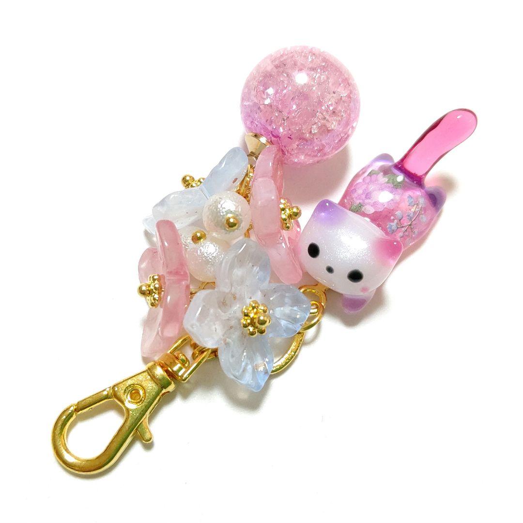 専用商品K-10188 ジャンピング猫チャーム(紫陽花 クラックオーロラボール)