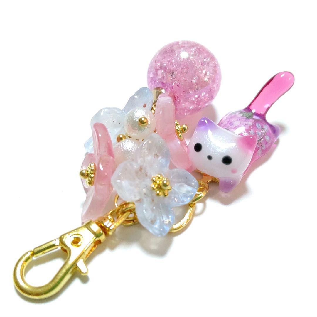 専用商品K-10188 ジャンピング猫チャーム(紫陽花 クラックオーロラボール)