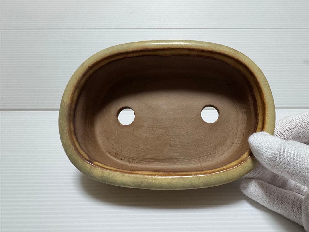 在銘 盆栽鉢 飴釉 長方鉢 小品盆栽鉢 約15cm 美品