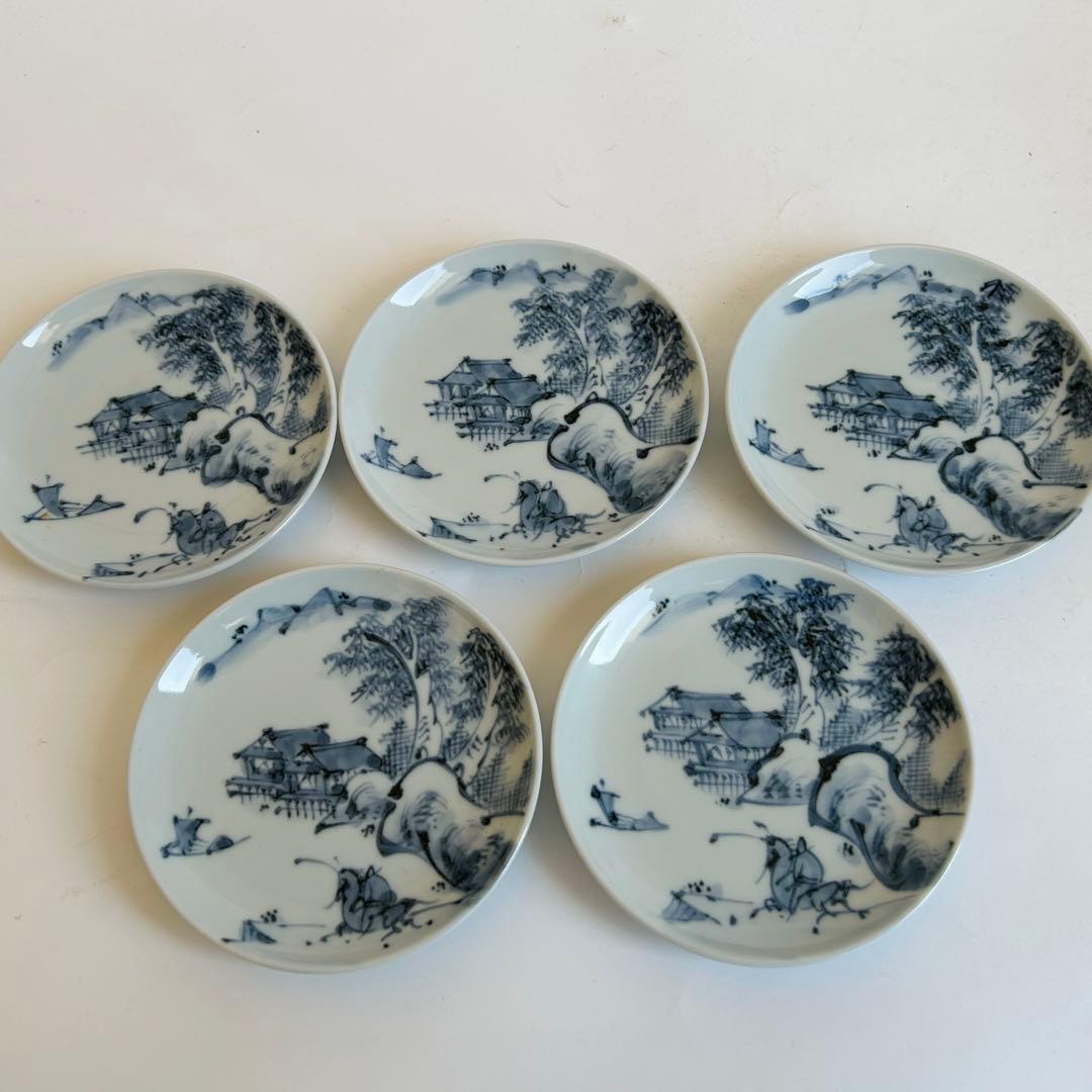 【未使用】清水焼 陶器 染付 山水 瑞昭 蓋付き 茶碗蒸し 煮物椀 小皿 5客揃