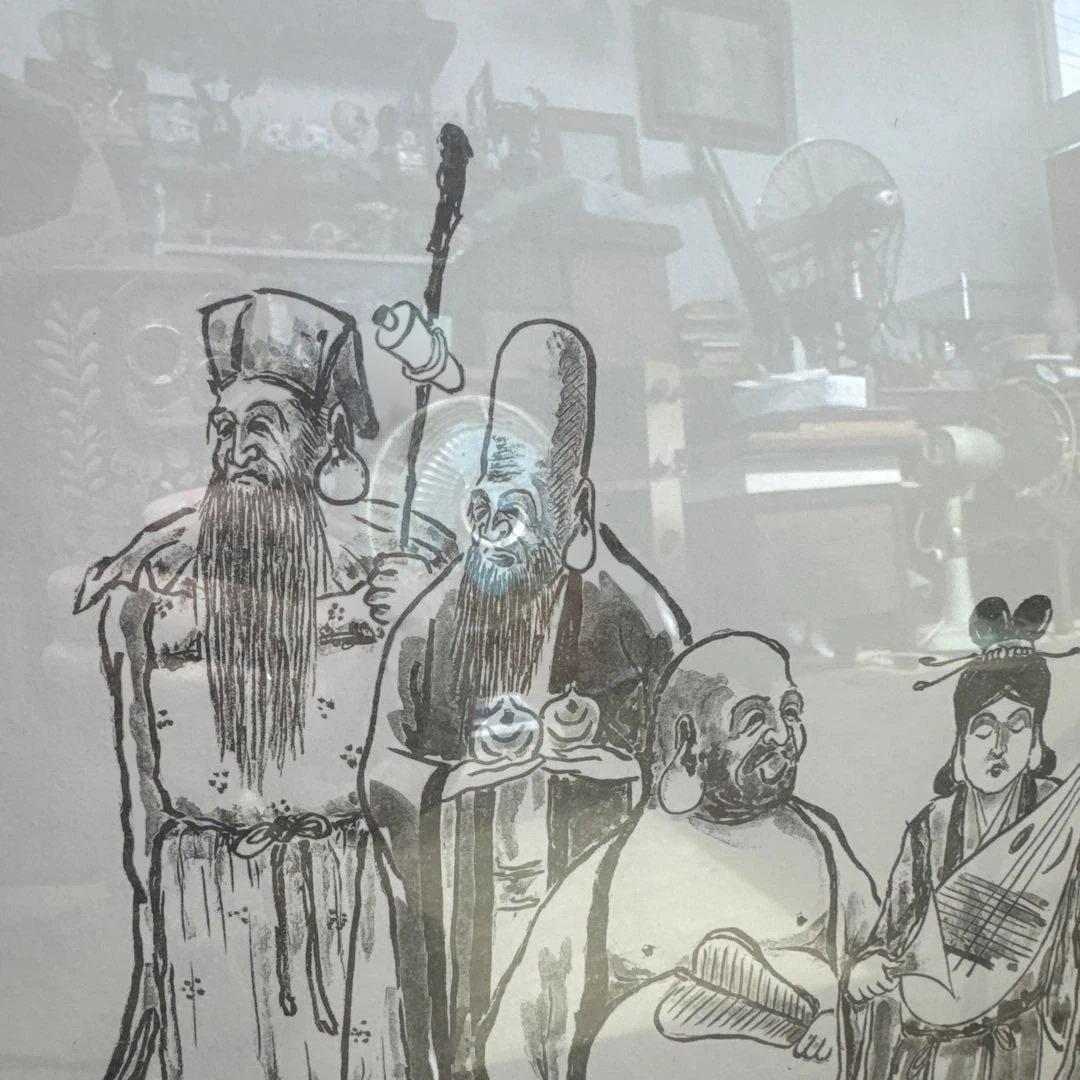 縁起物　七福神の墨絵　七福神来迎乃図 御利益